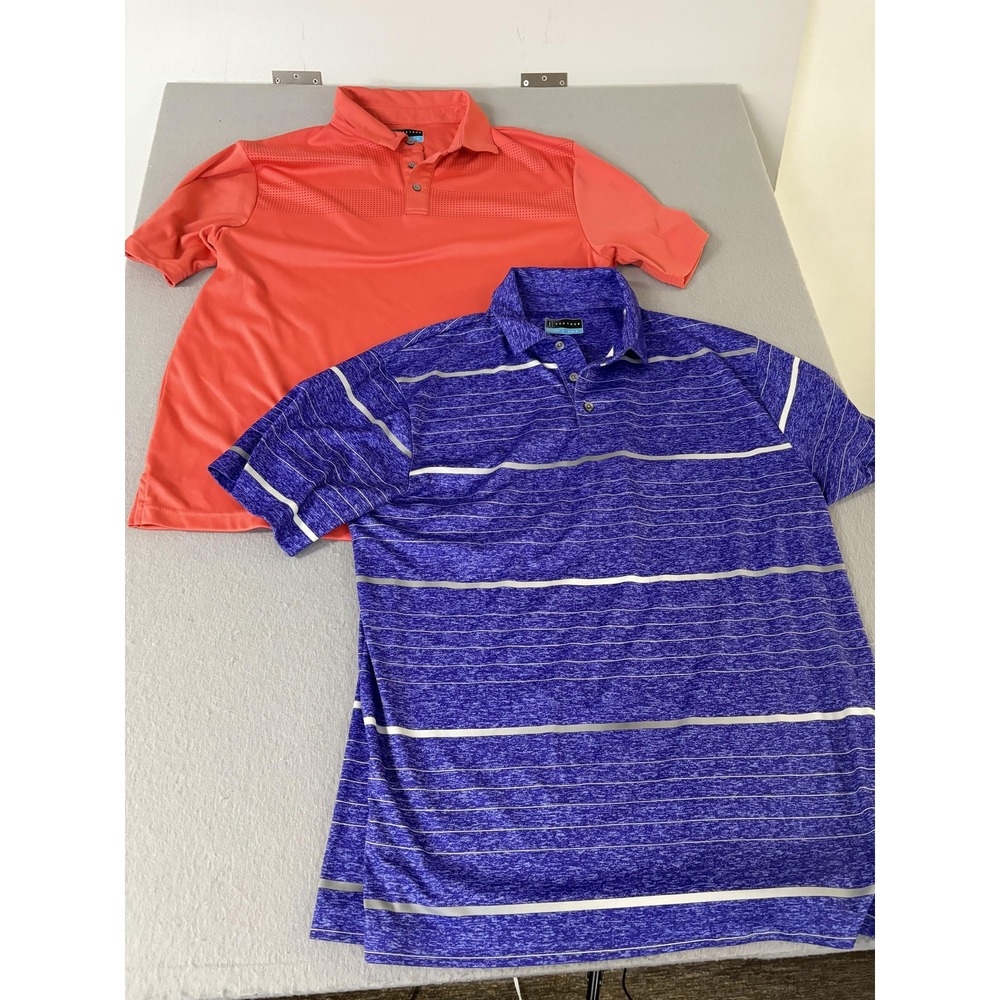 PGA‎ Tour Polo Shirt Mens Large Blue Striped Golf Performance Coral Lightweight
